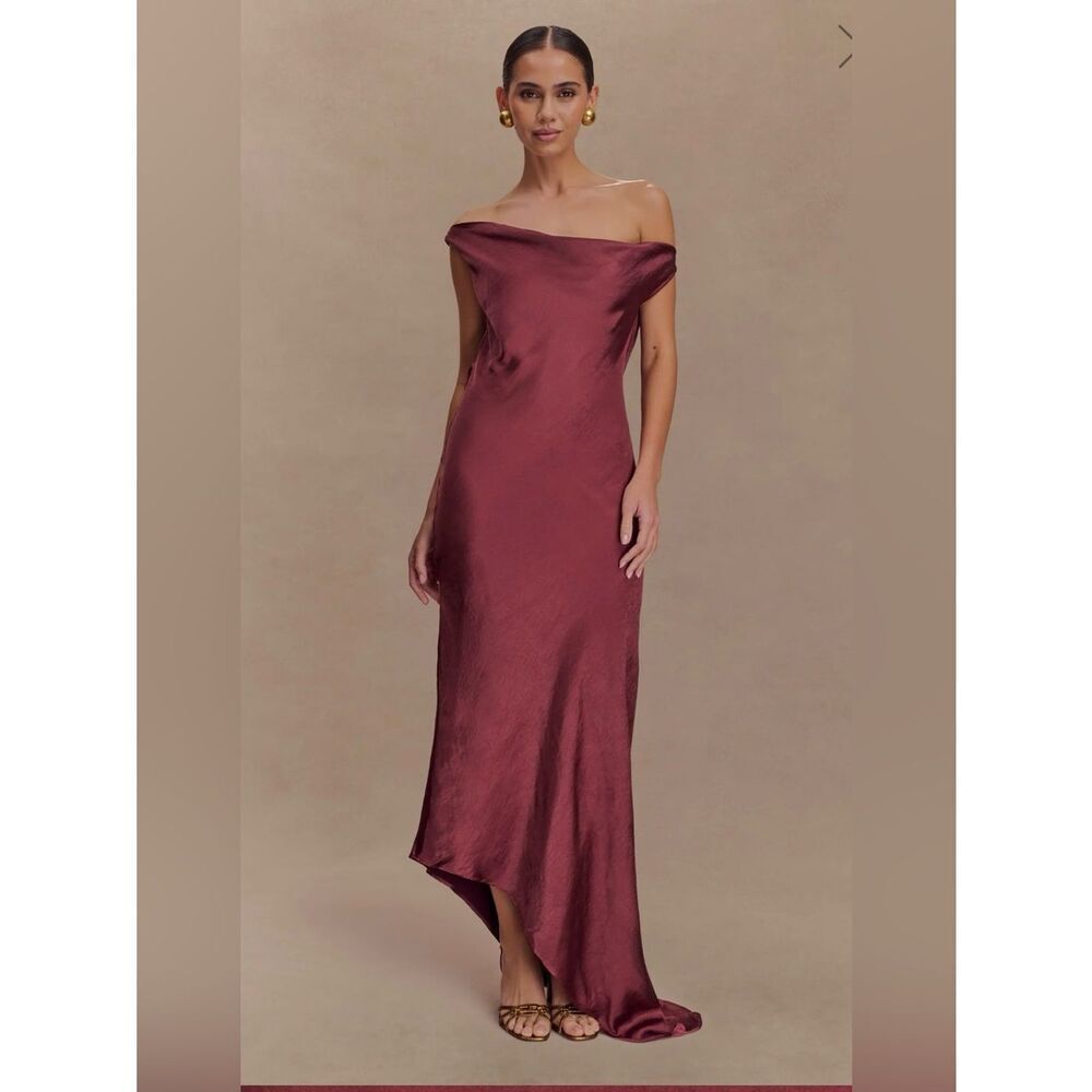 MESHKI Yvette Slip Maxi Dress With Asymmetrical Hem Brown Cherry Sz L NWT